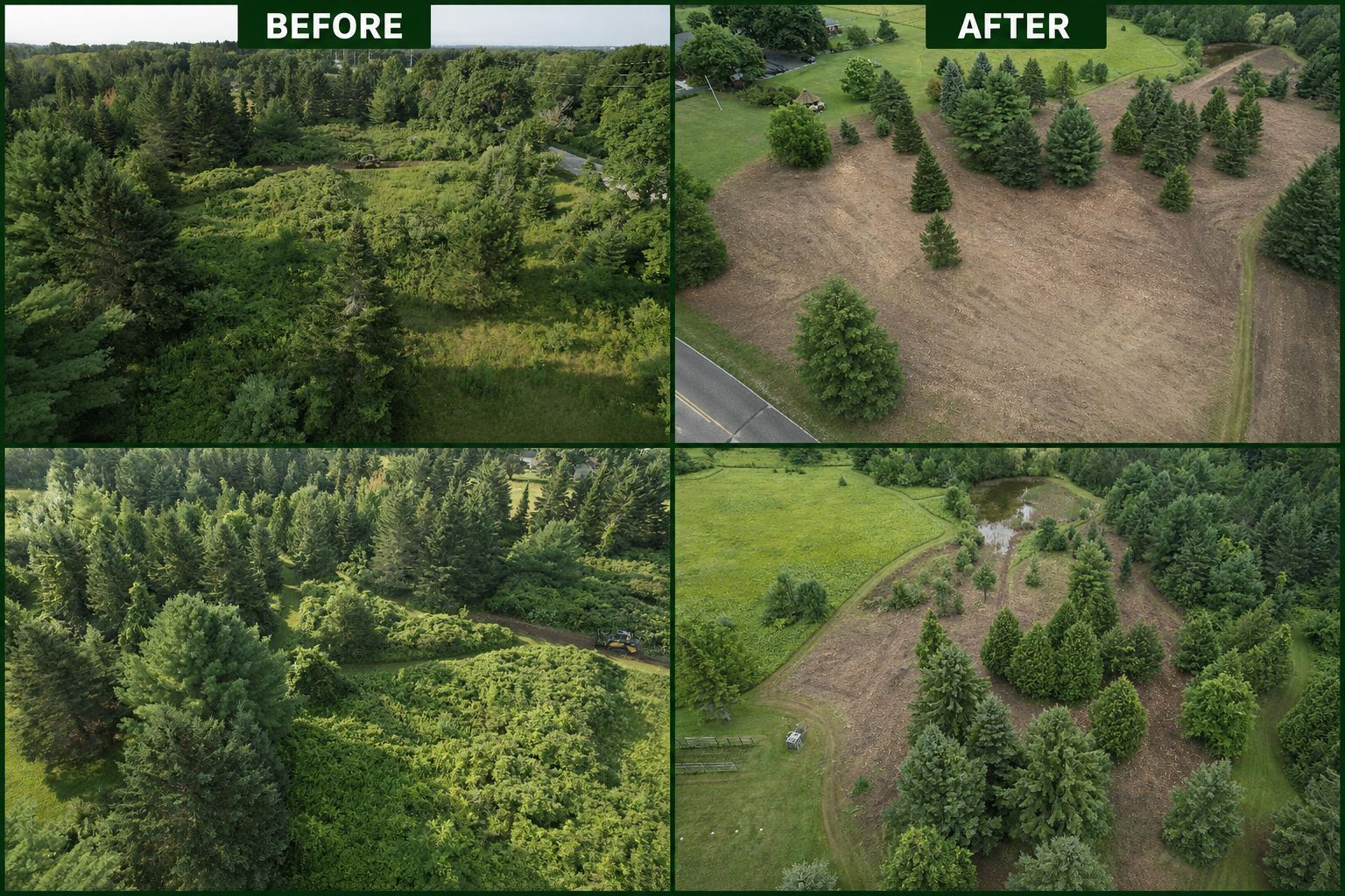 Before-and-after aerial view of a forested area cleared into patchy ground with scattered trees.