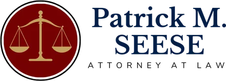 Patrick M. Seese Attorney at Law logo with scales icon in red and navy
