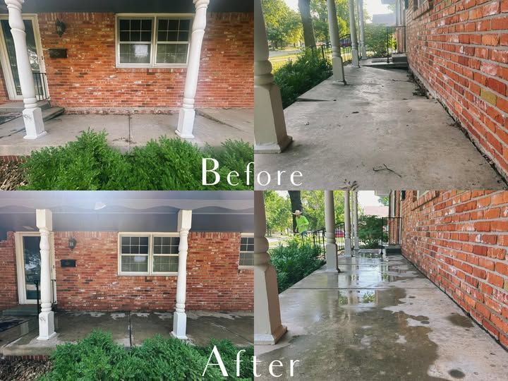 A before and after photo of a brick house