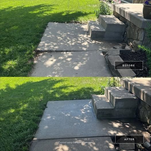 A before and after photo of a concrete walkway and stairs