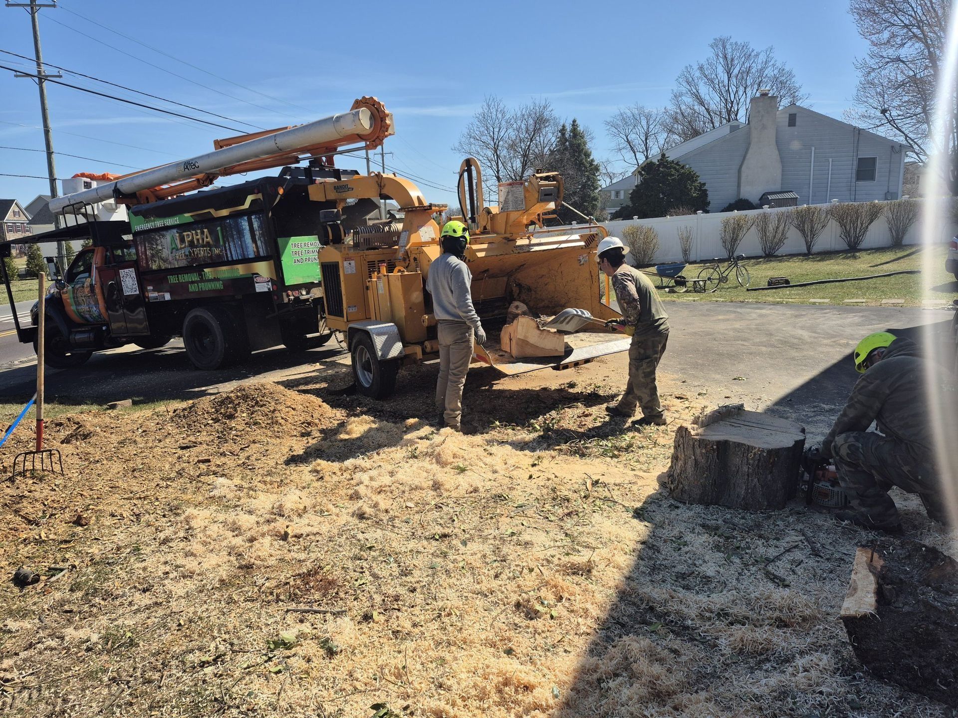 Two workers feeding a wood chipper with tree branches. A large truck and residential setting.