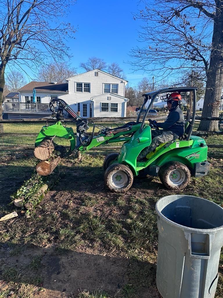 A person operates a green mini-loader, moving a log outdoors on a sunny day, with a house in the background.