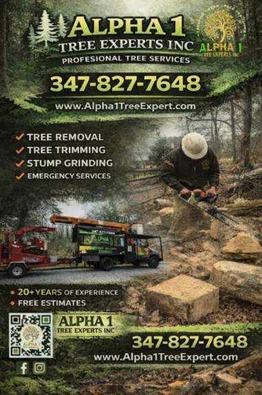 A flyer for Alpha 1 Tree Experts, showing a worker with a chainsaw and service truck with contact and service details.