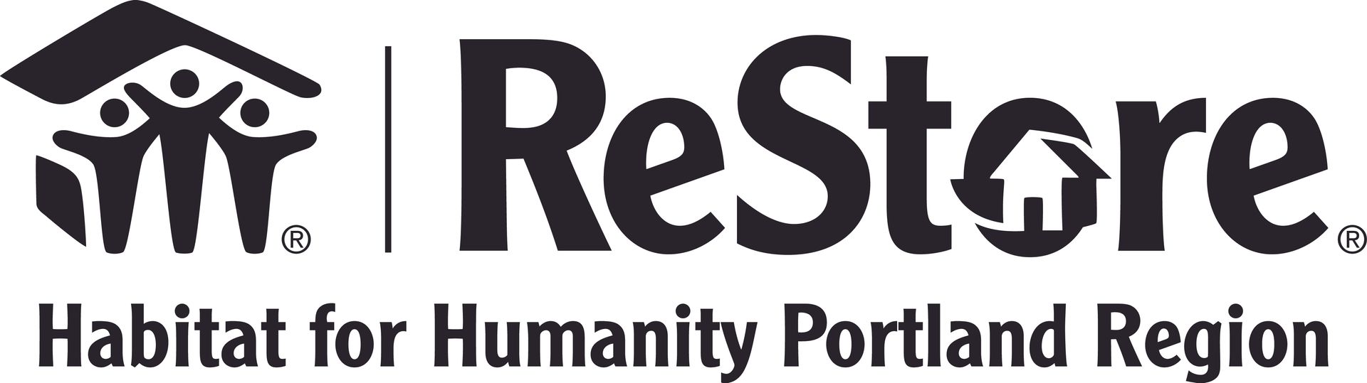 Habitat for Humanity ReStore logo. Text and graphic of a house with people under it. 