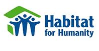 Habitat for Humanity logo with blue text and green roof icon with three figures