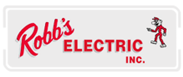 Logo for Robb's Electric Inc. Red text and an illustrated electrician pointing to the right.