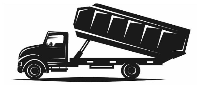 Black and white illustration of a dump truck with its bed raised.