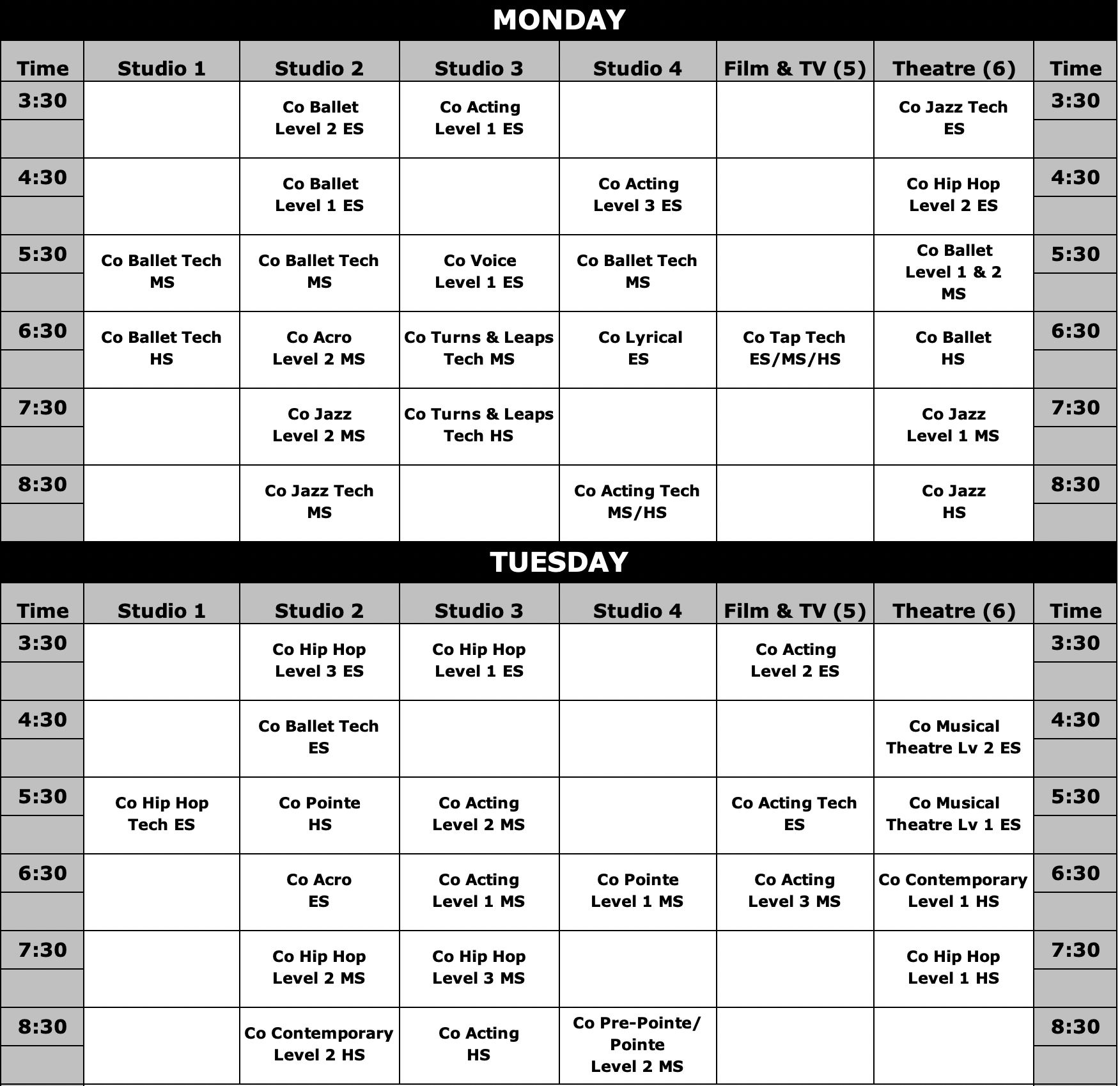 Monday and Tuesday schedule