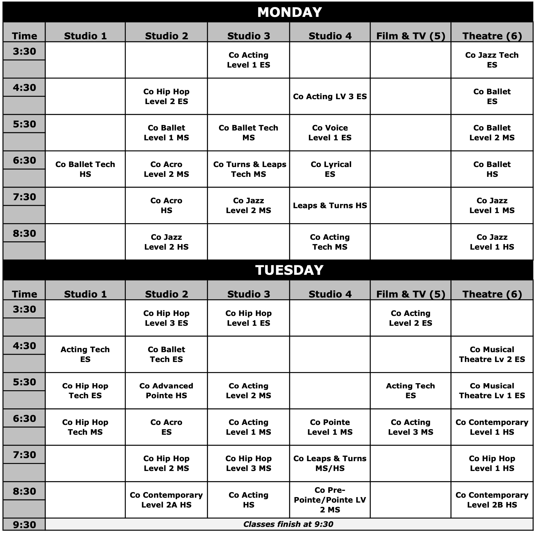Monday and Tuesday schedule