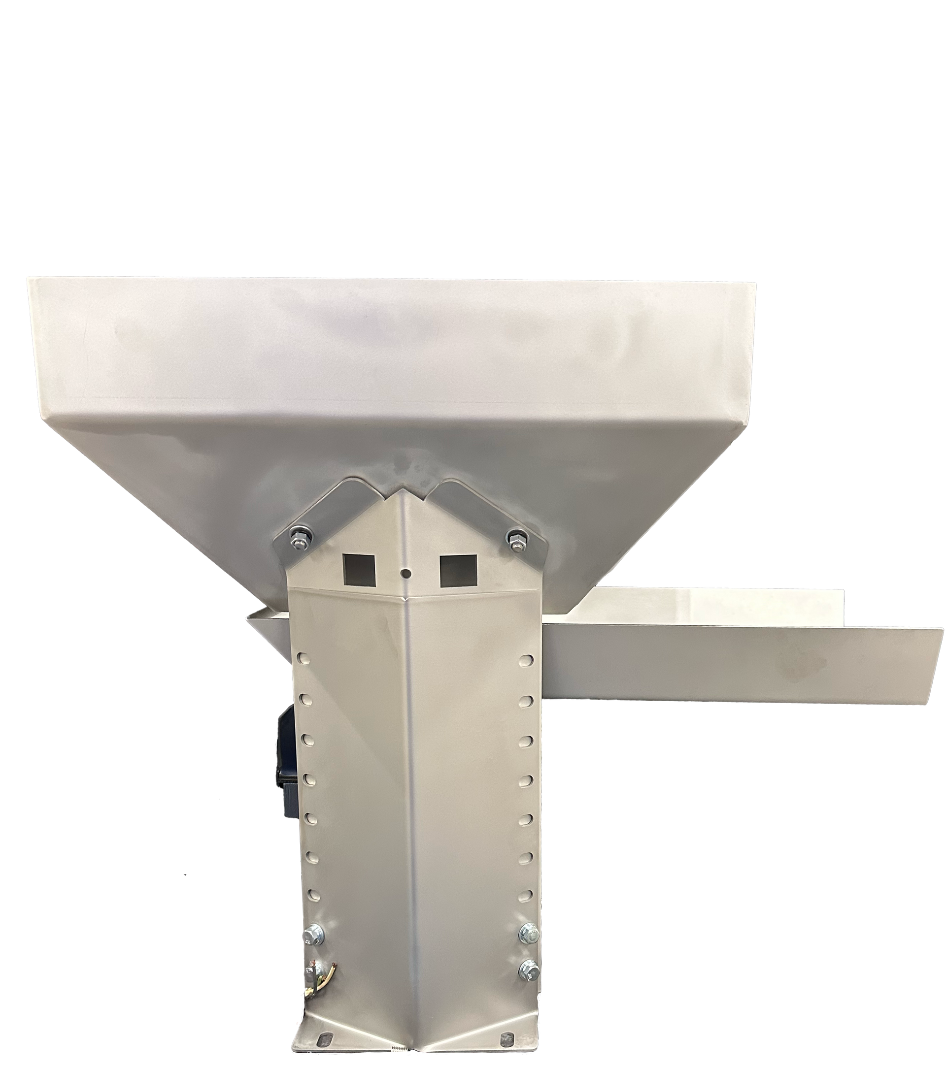 Metal hopper with a funnel-shaped top and a rectangular chute on the right, mounted on a vertical metal support.