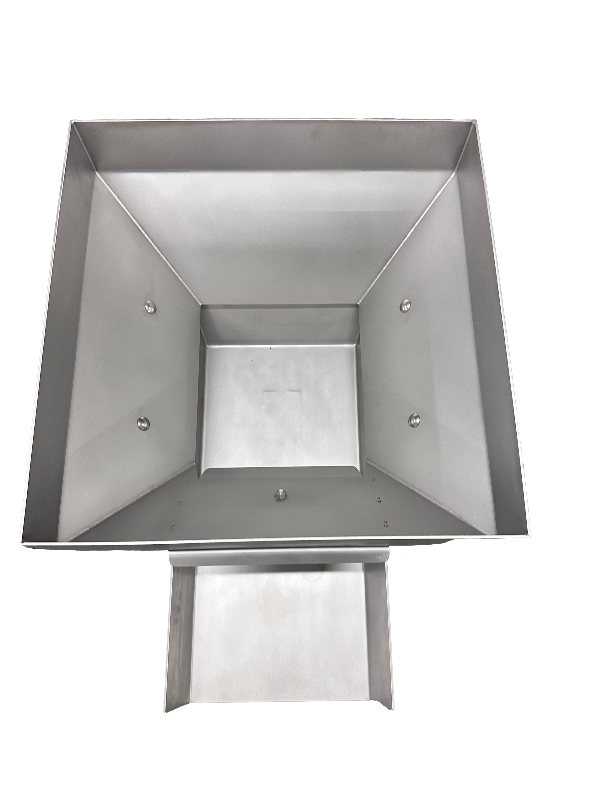 Top-down view of a silver metal hopper or funnel with a square opening and a narrow lower chute.