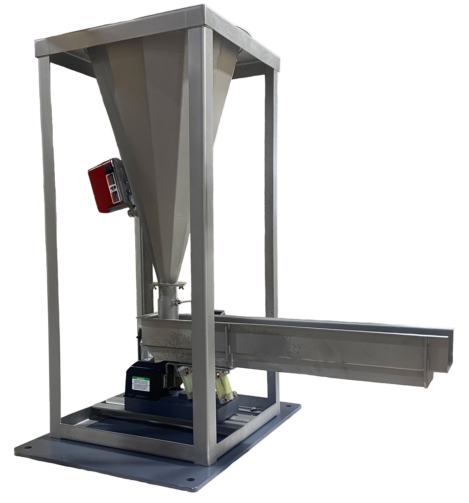 Industrial machine with a hopper, metal frame, and conveyor belt on a base platform