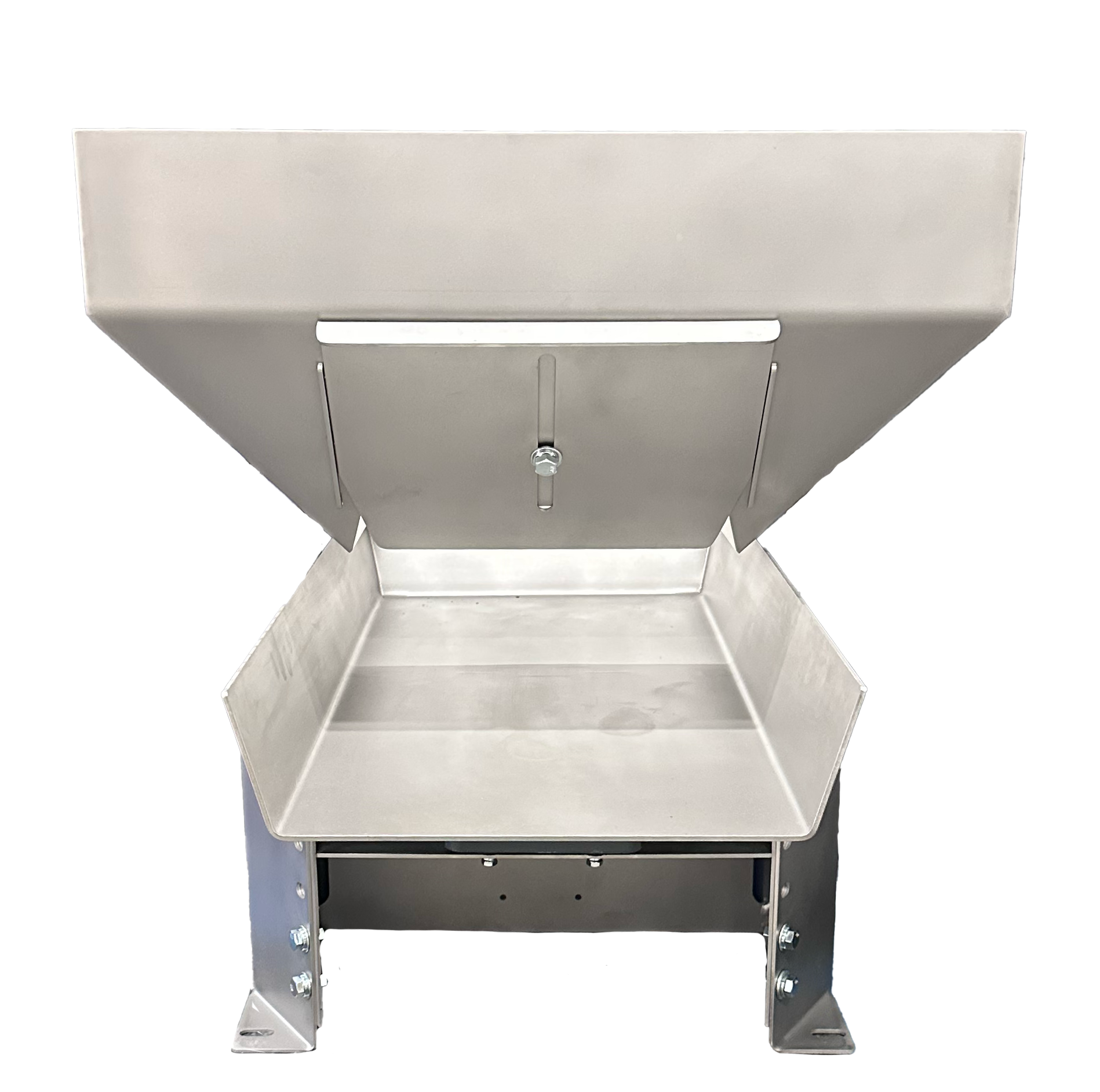 Stainless steel industrial hopper with open top and sloped sides on metal legs