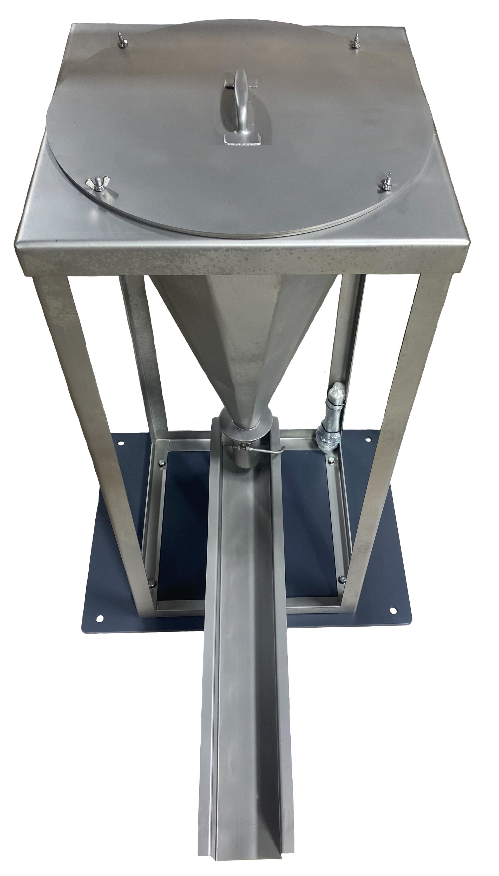 Stainless steel hopper feeder with funnel-shaped chute on a blue base
