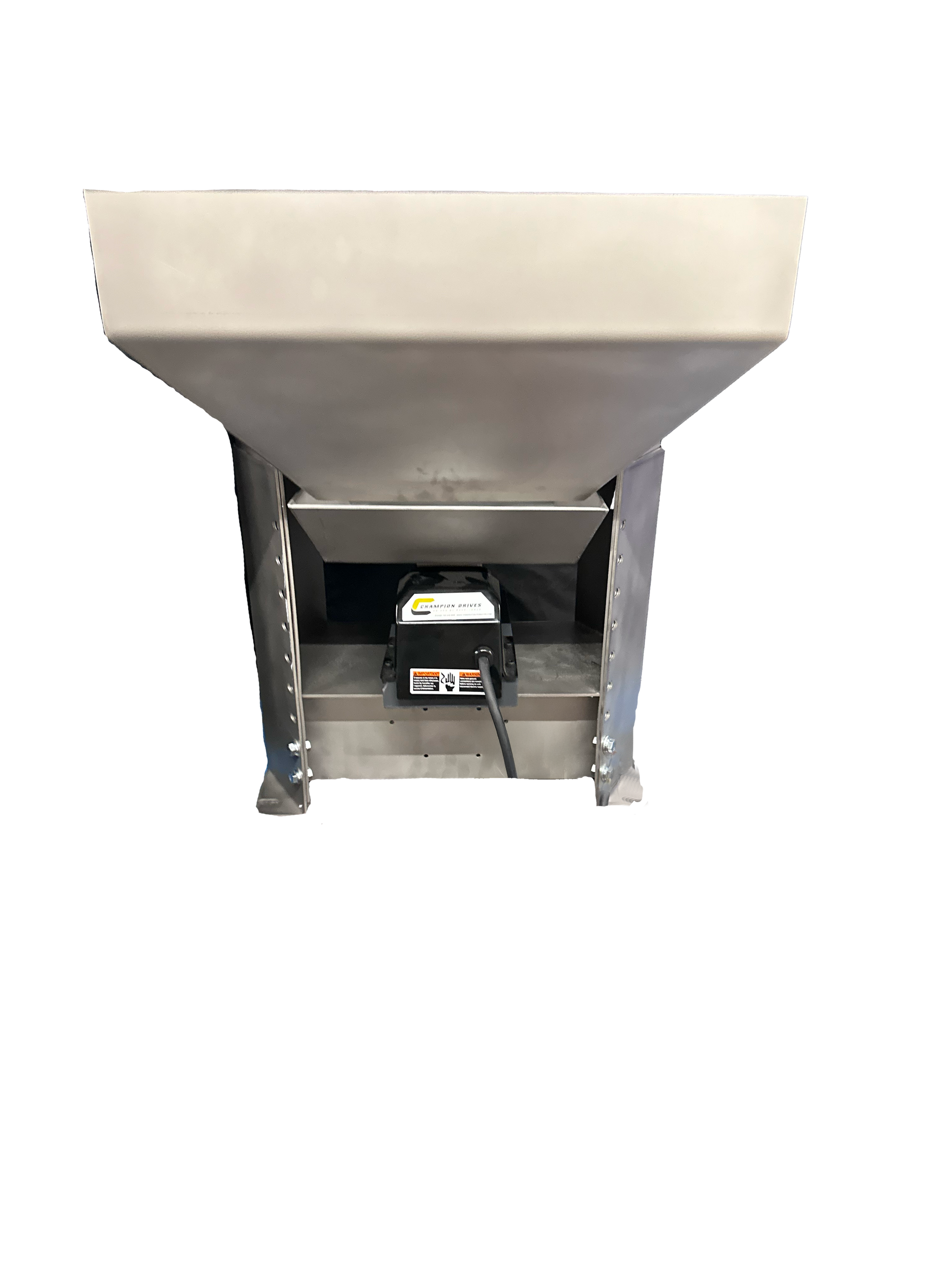 Person in a small industrial hopper or chute opening, viewed from the front.