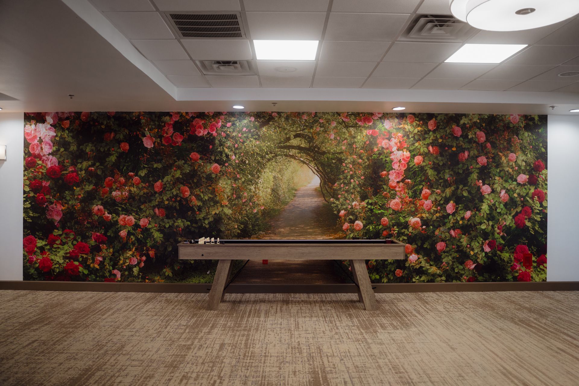 A shuffleboard table sits in front of a floral mural in a well-lit room.