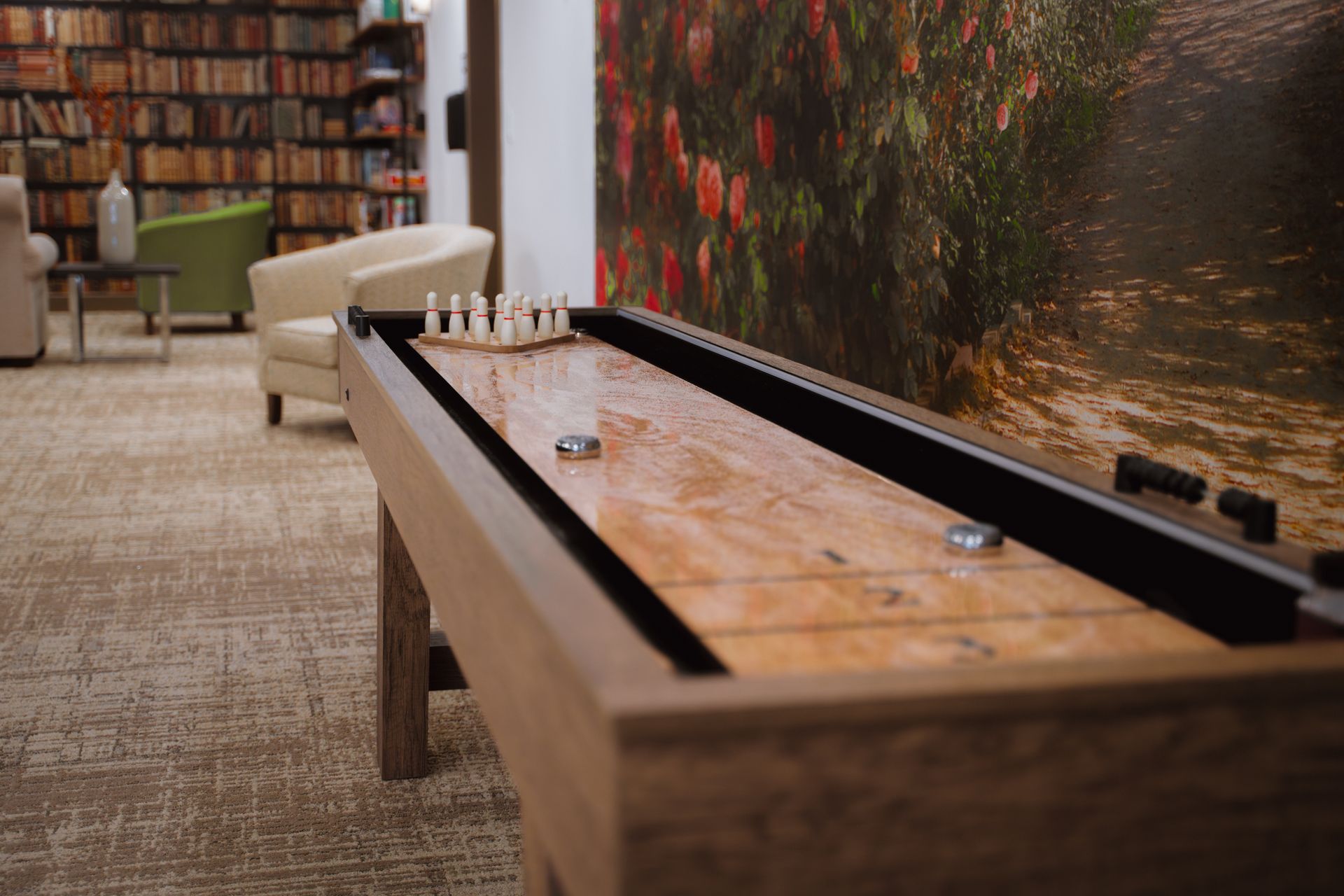 Shuffleboard table in a room with a library and large mural.