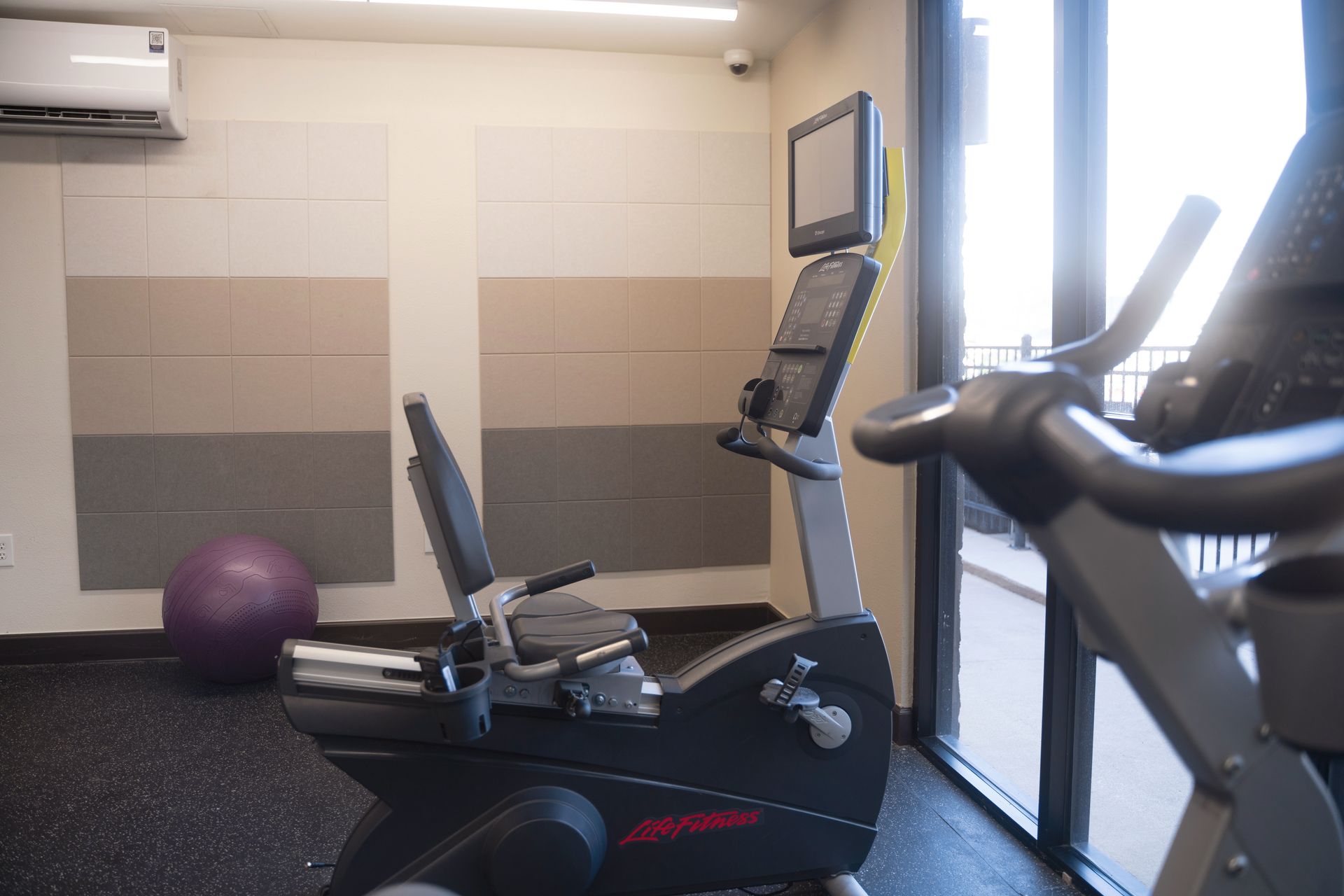 Recumbent exercise bike in a gym, with a purple exercise ball and a window.