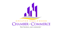 Logo for the Greater Englewood Chamber of Commerce. Purple buildings over a yellow/gray wave, with the name in purple.