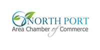 Logo for North Port Area Chamber of Commerce: teal text, leaves in a circle.