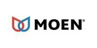 Moen logo: two overlapping teardrop shapes, one red, one blue, next to the word
