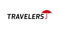 Travelers logo in black text with a red umbrella accent over the final letter.
