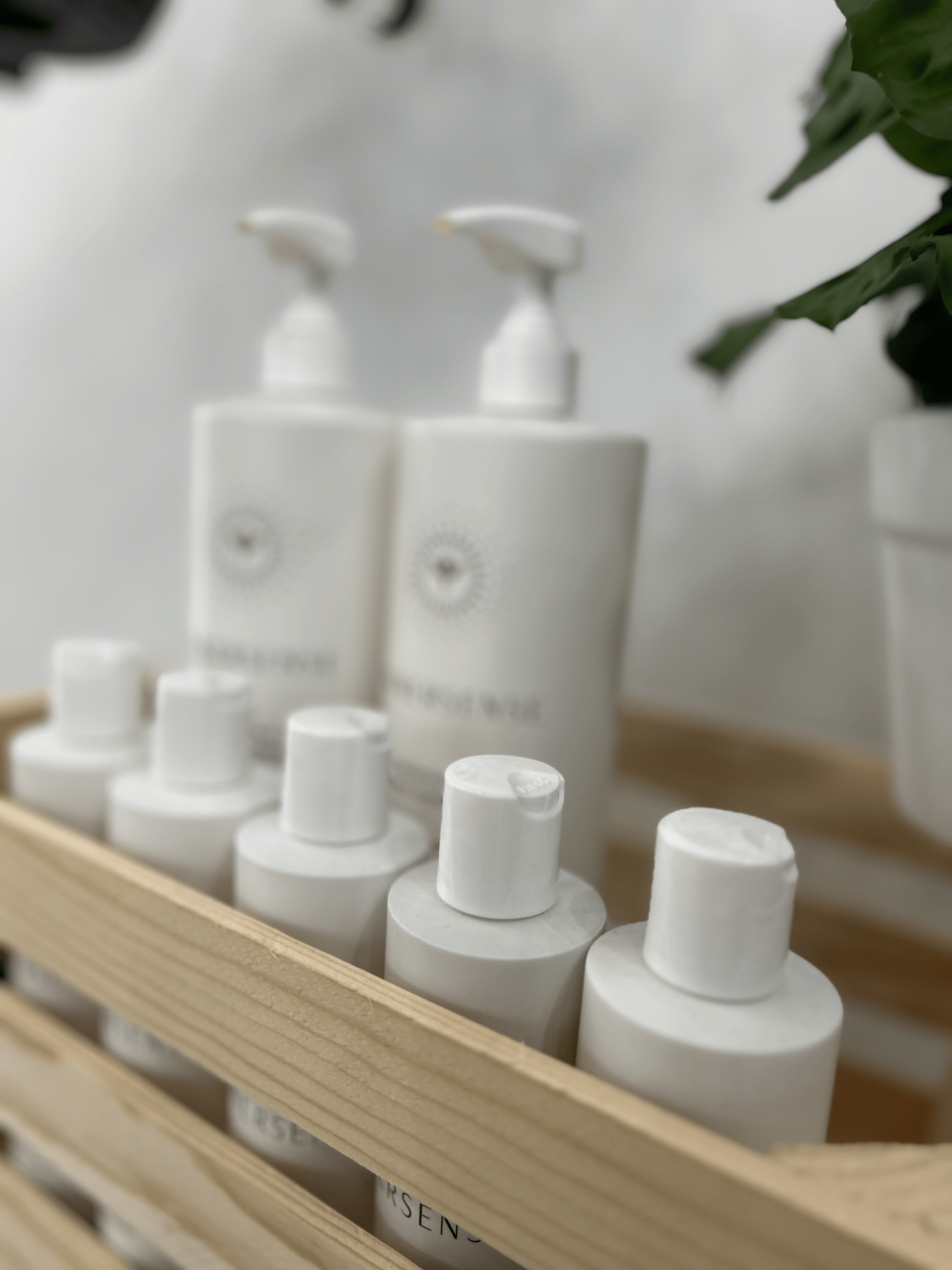 Several white bottles are lined up in a wooden shelf