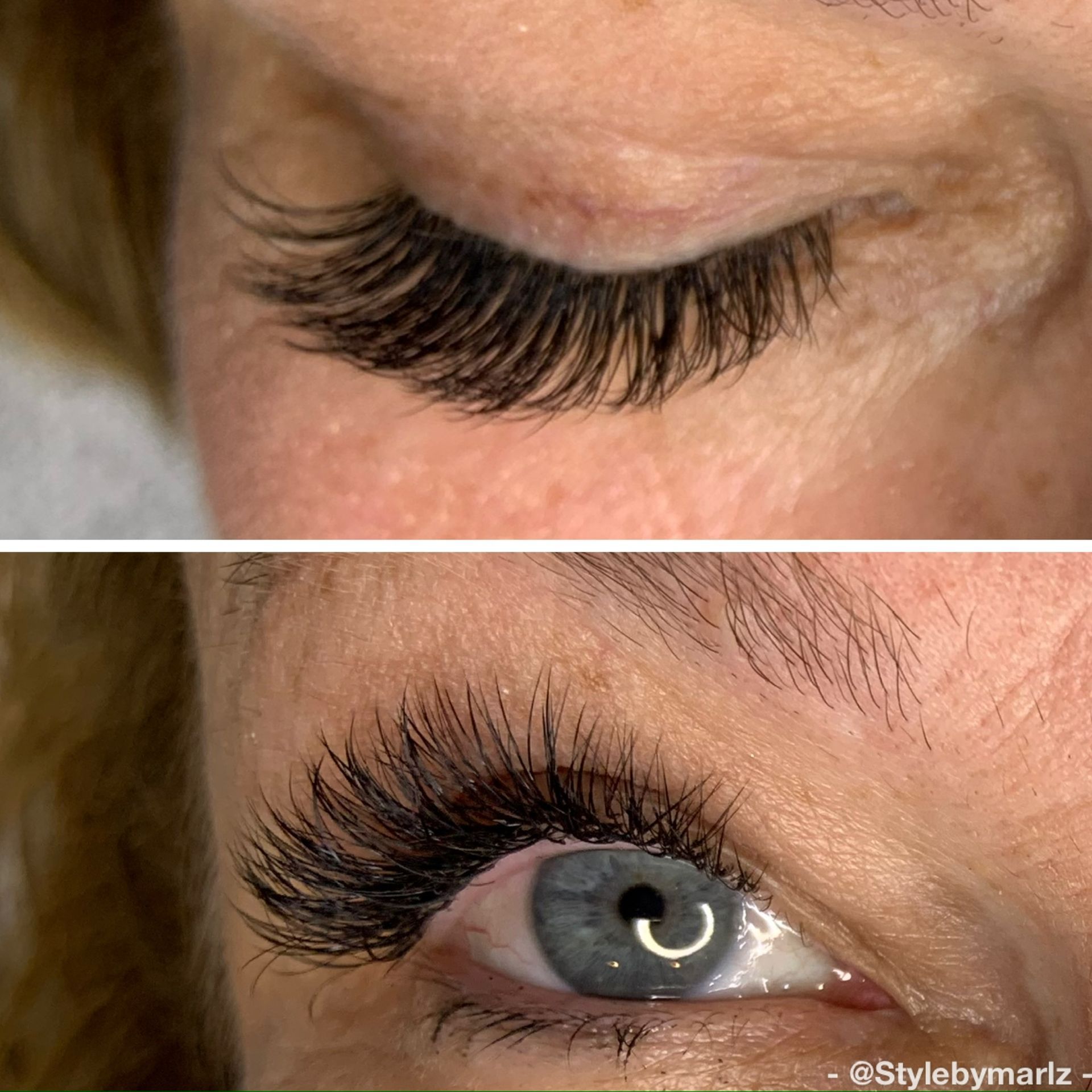 Close-up of a person's eye with long, dark eyelash extensions; top eye closed, bottom eye open with blue iris.