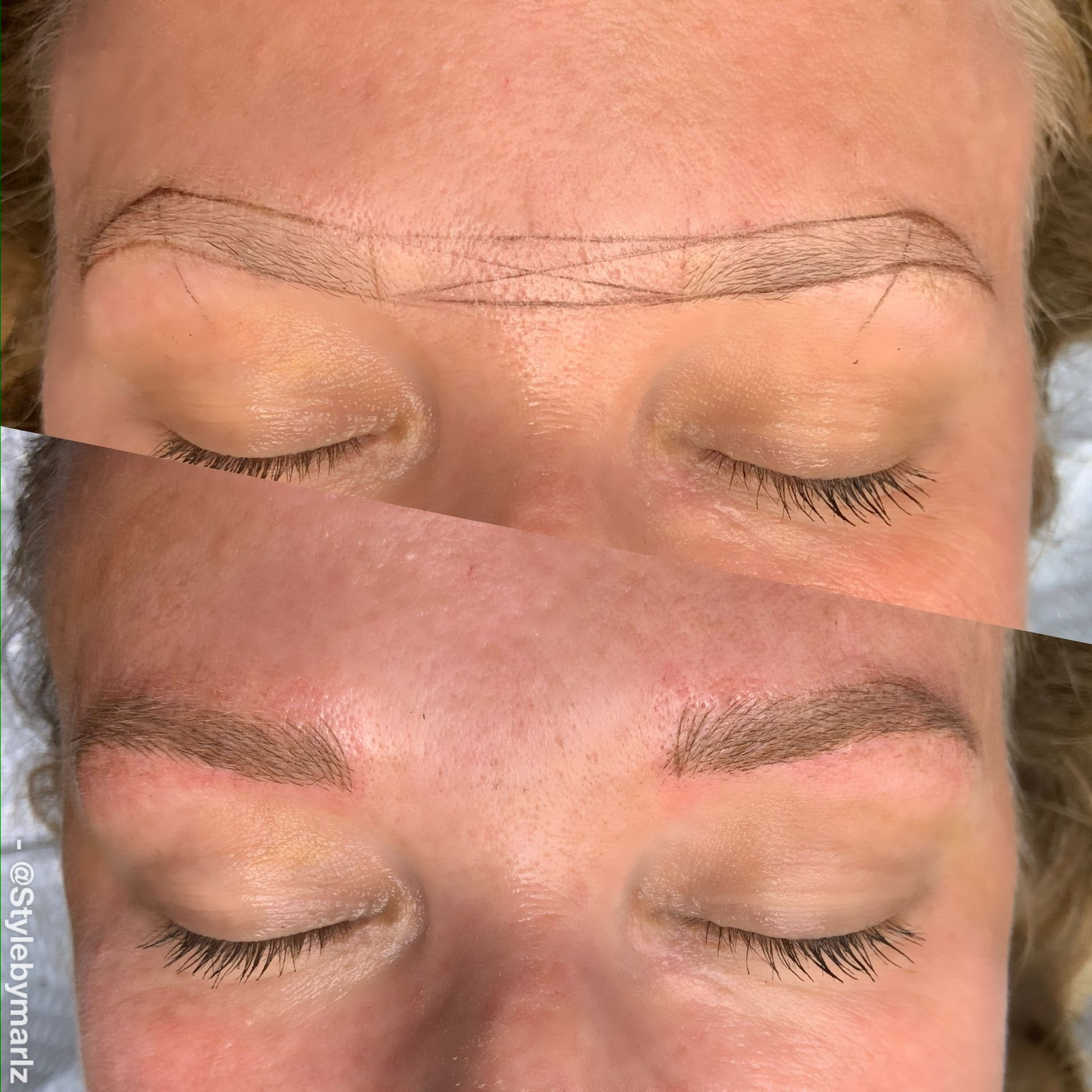 Eyebrow microblading process: brow outline above, completed brows below, on a person's face.