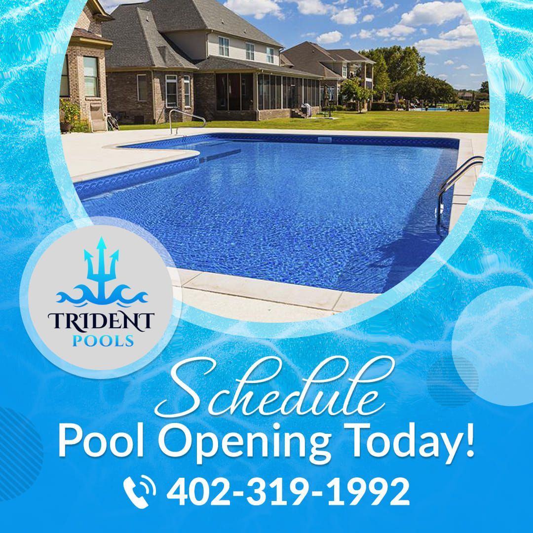 An advertisement for trident pools shows a large swimming pool