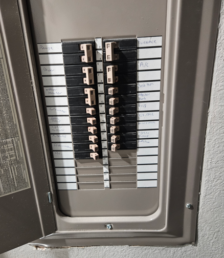 Electrical breaker panel with rows of black and white circuit switches
