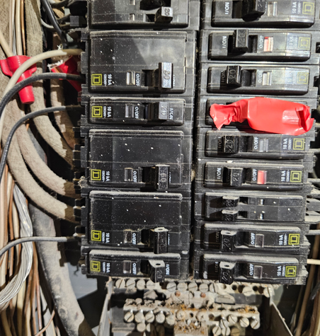Circuit breaker panel with multiple black breakers, one red switch, and bundled wires below.