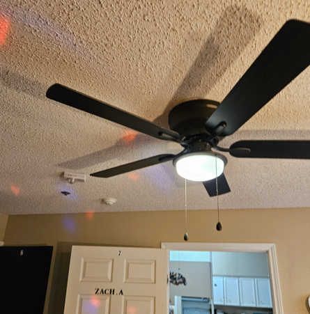 Black ceiling fan with light on a textured ceiling in a beige room, with pull chains hanging down.