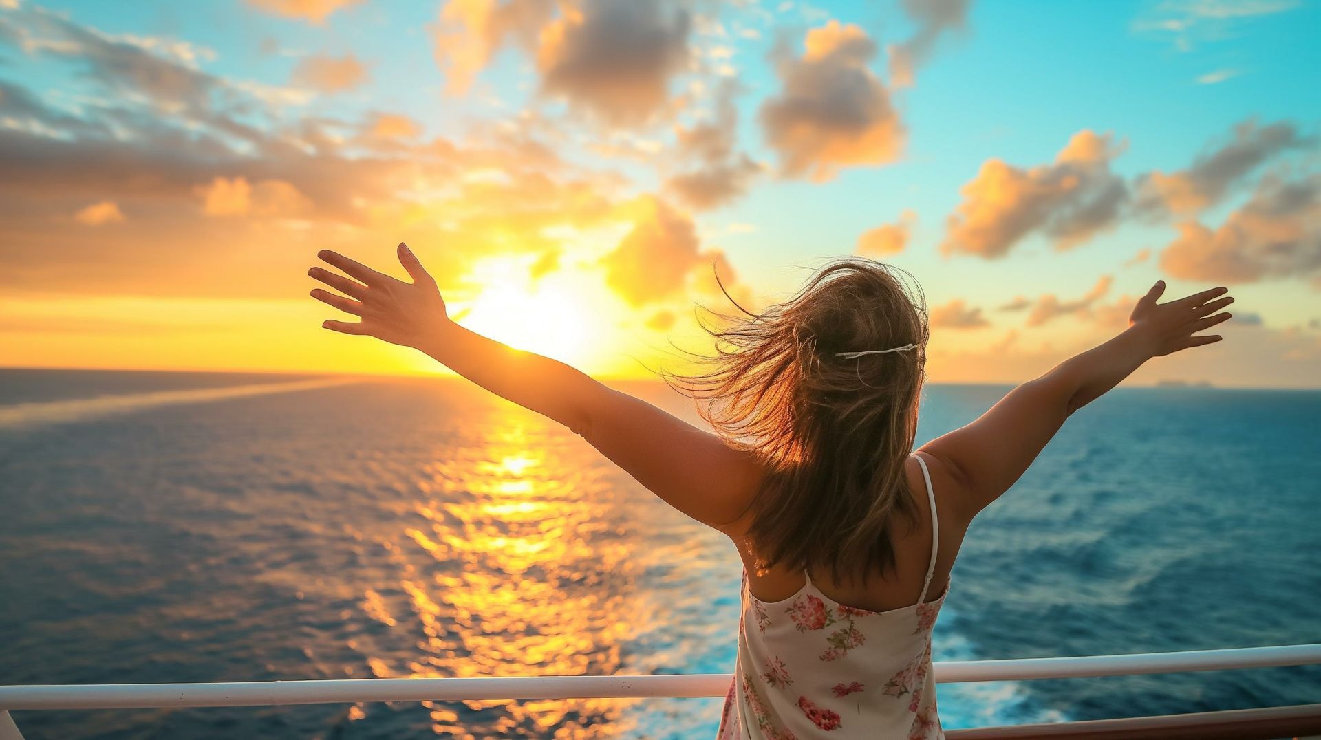 Woman with arms outstretched, facing sunset over ocean, on a cruise ship.