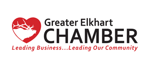 Logo for Greater Elkhart Chamber. Heart-shaped design with an elk silhouette and tagline: 