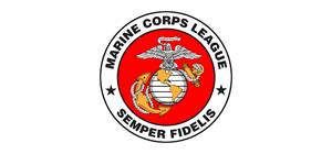 Marine Corps League emblem: red circle with globe, eagle, and text 