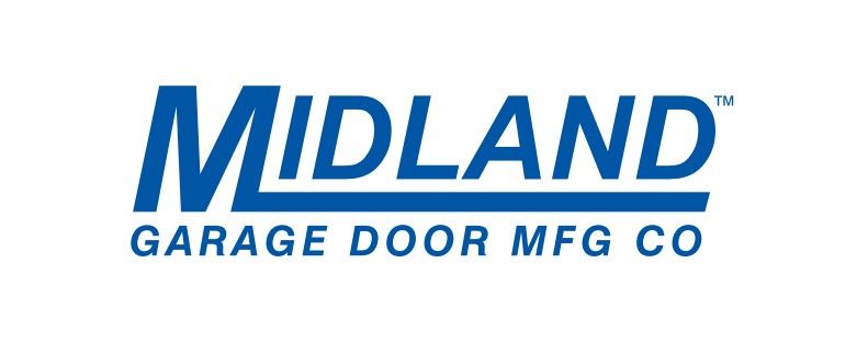 Logo of Midland Garage Door Mfg Co in blue font.