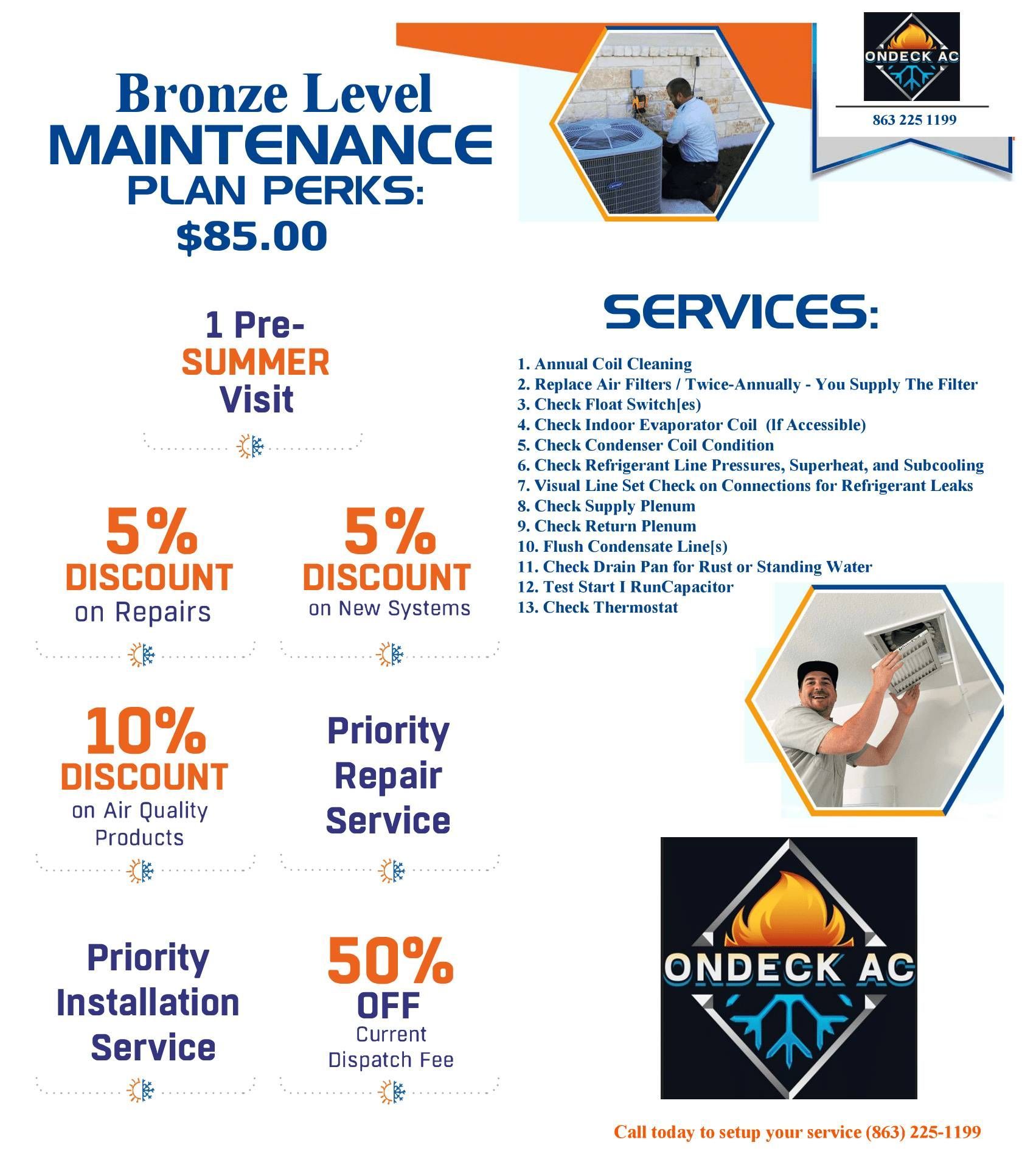 A flyer for bronze level maintenance plan perks