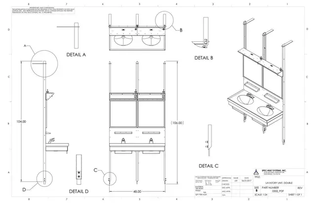 Architectural drawing of a wall-mounted double sink and cabinet, with dimensional details and zoomed-in views of specific components.