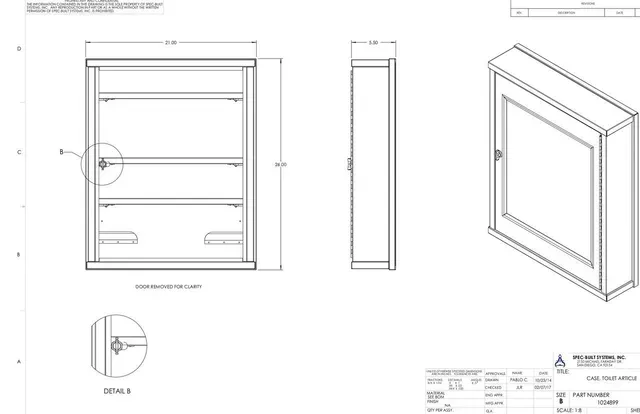 Technical drawing of a wall-mounted cabinet with three views: front, side, and isometric.  Shows dimensions and hardware details for construction.