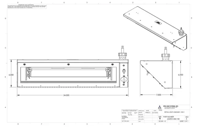 Engineering drawing of a metal component, likely a mounting bracket or enclosure, with multiple views, dimensions, and annotations.