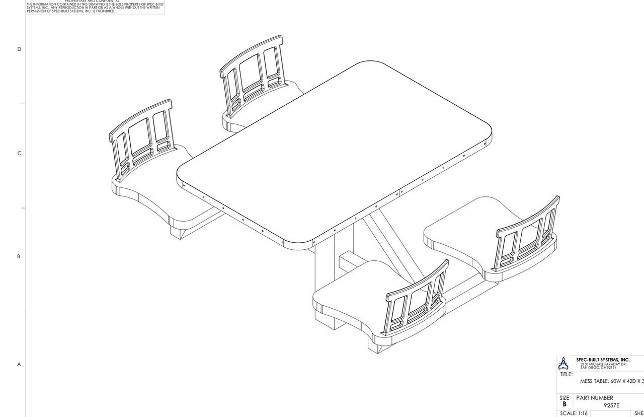 Isometric view of a dining table with four attached chairs. The chairs have open backs, and the table has a solid top.