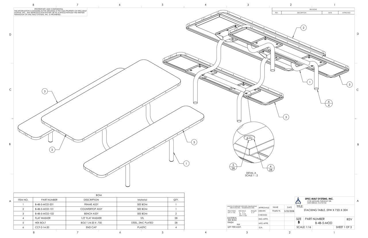 Isometric technical drawing of a picnic table showing the table and bench parts and how they connect.