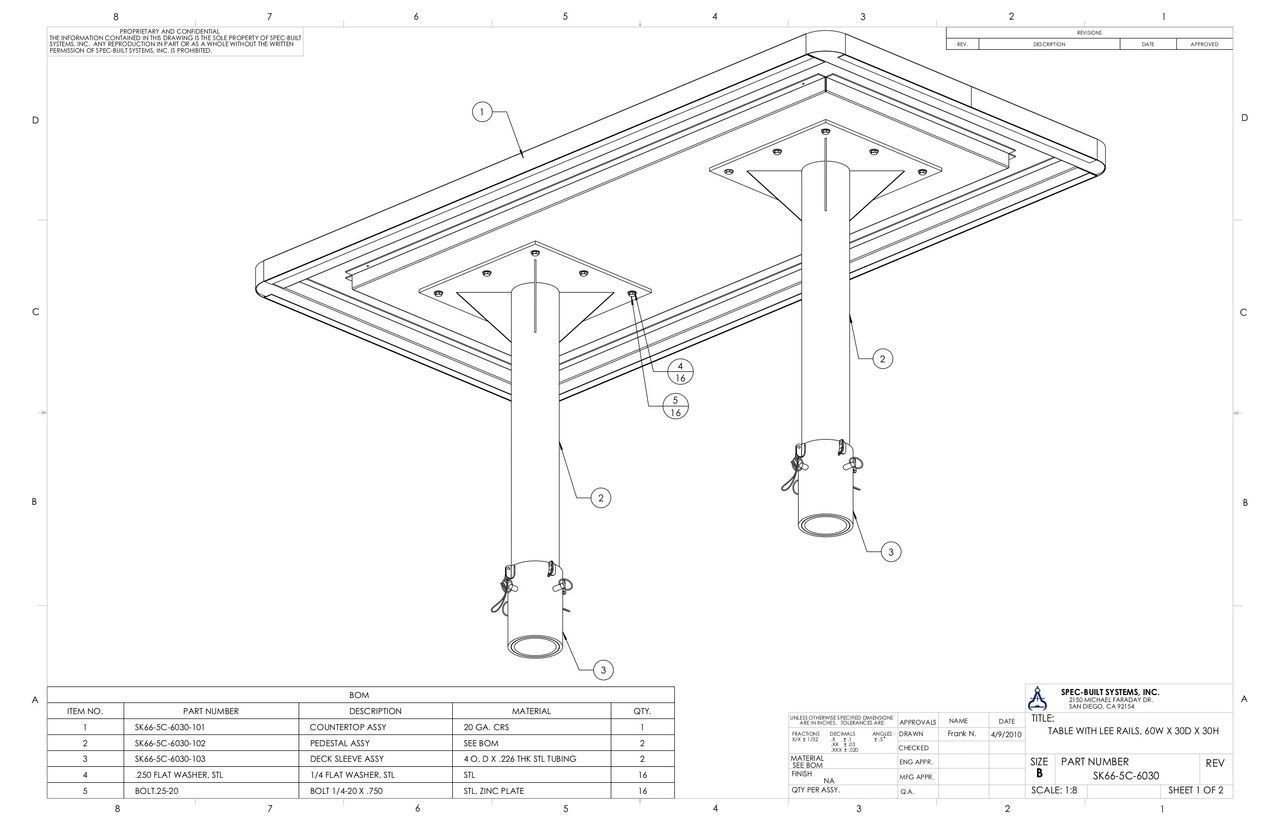 Architectural drawing of a rectangular ceiling mount with two supporting posts, detailing dimensions and components for installation.