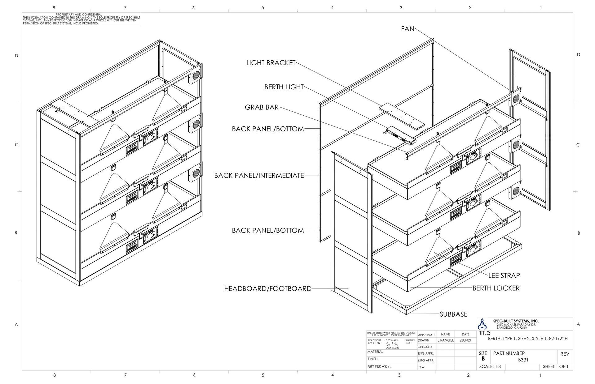 Isometric view of a three-shelved cabinet, with labels pointing to the different parts of the cabinet.