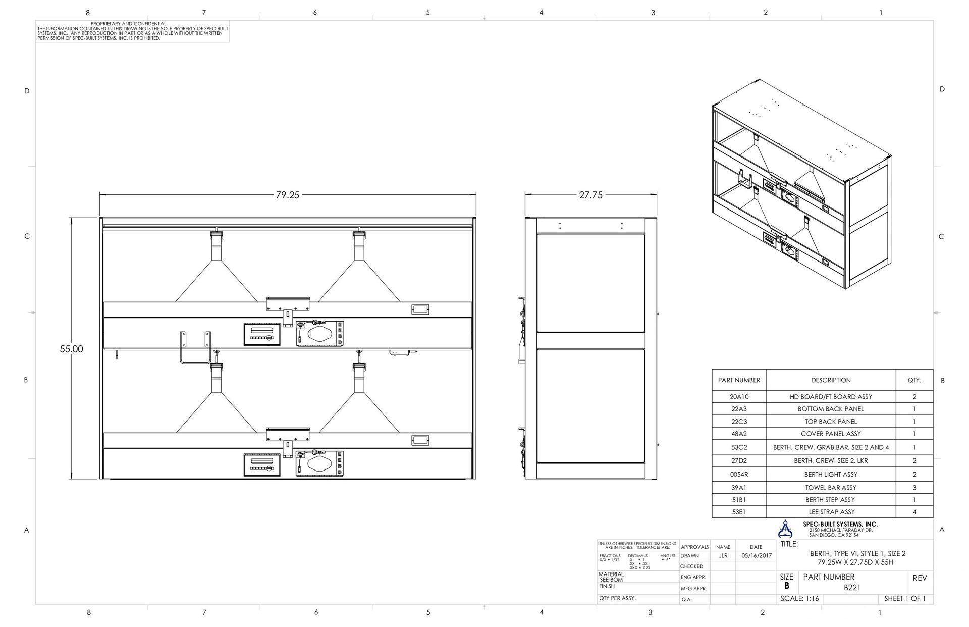 Technical drawing of a shelving unit with lighting fixtures, including front, side, and isometric views, with dimensions and a parts list.