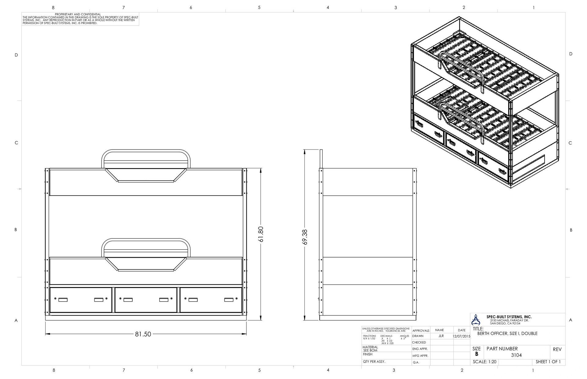 Blueprint-style technical drawing of a bunk bed with drawers, showing front and side views alongside an isometric view.
