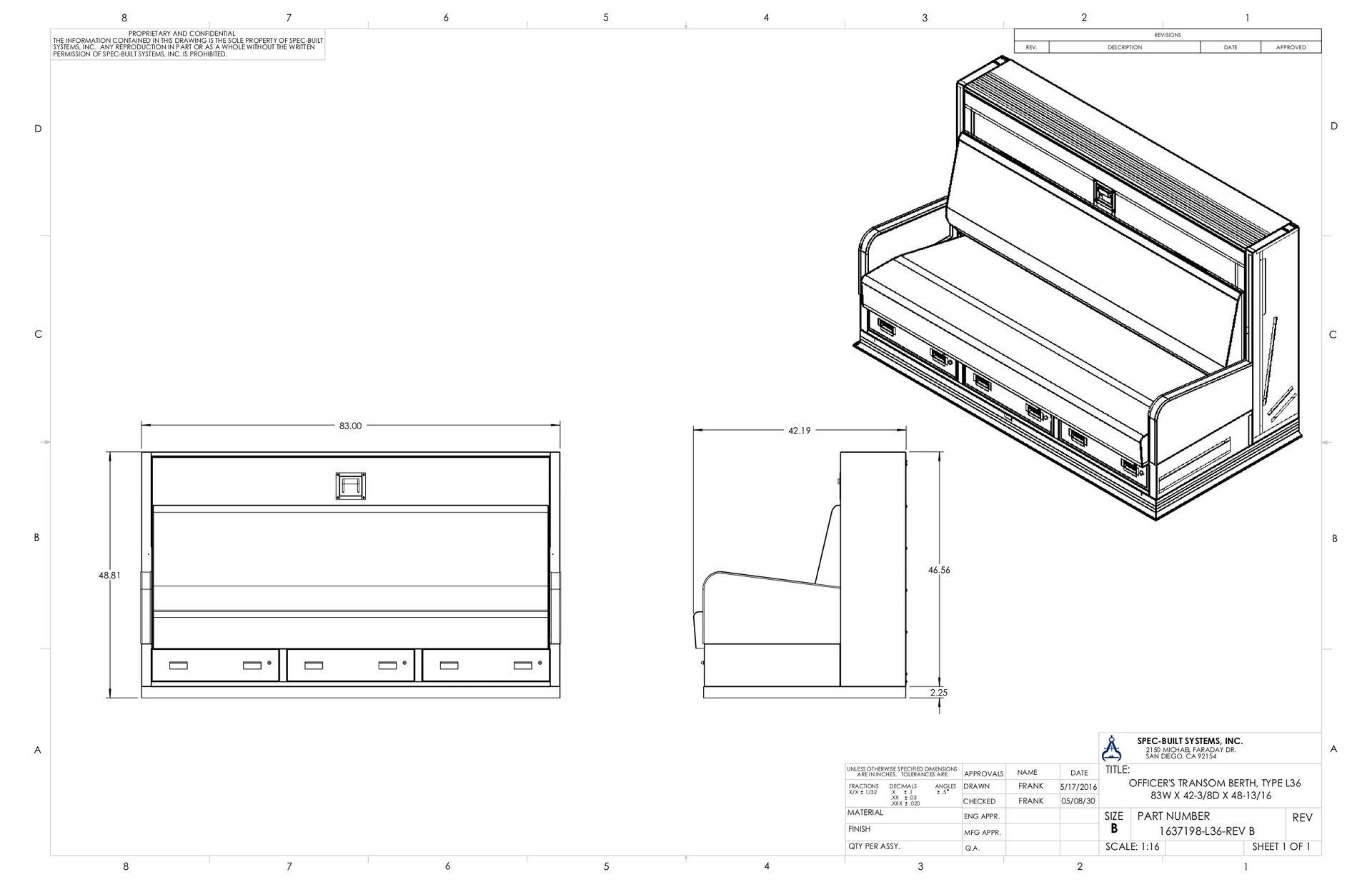 Technical drawing of a bench with dimensions, including a front view, side view, and an isometric view.