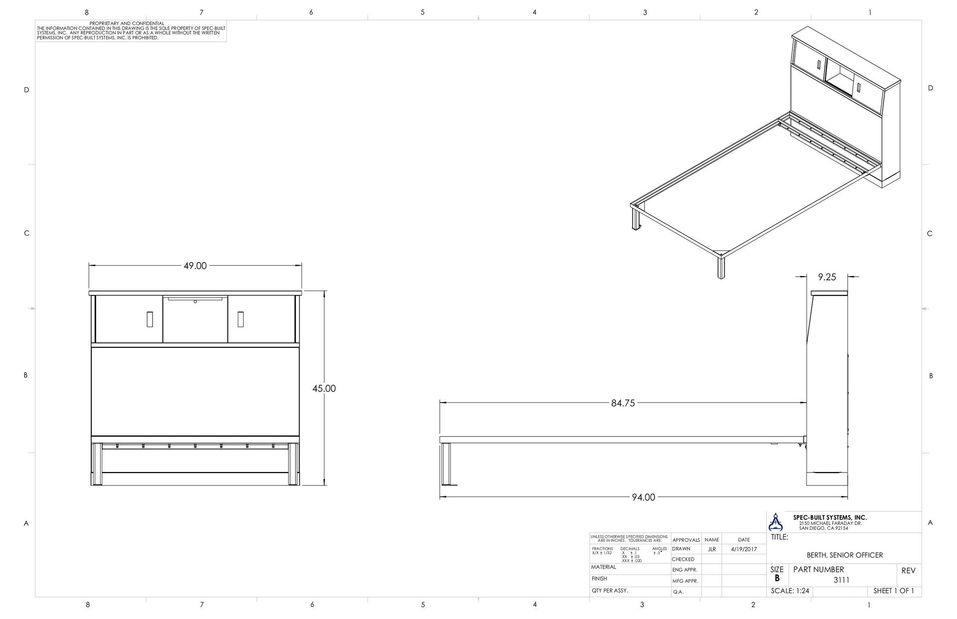 Line drawing of a bed frame with a headboard, showing front, side, and isometric views, for technical specifications.