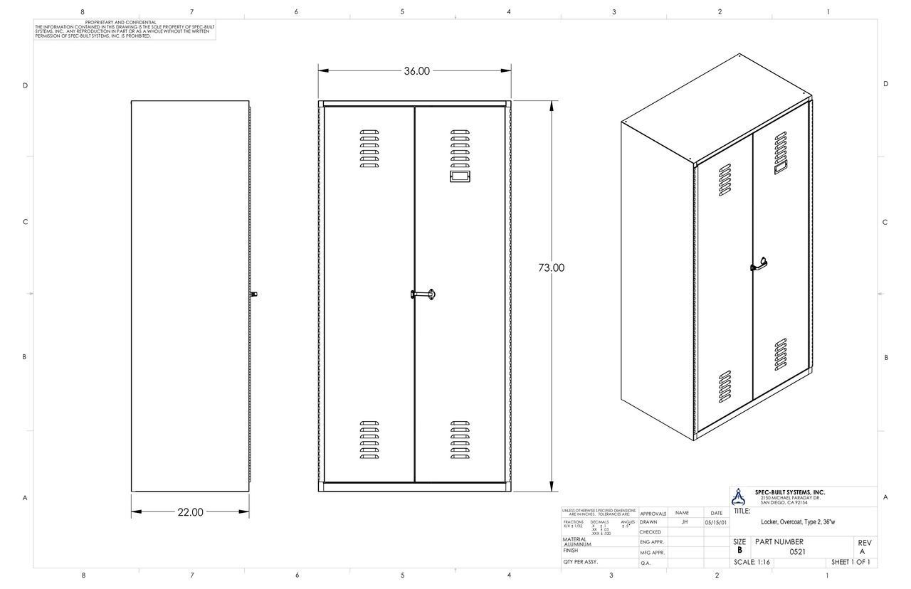 A technical drawing of a tall, two-door cabinet, showing front, side, and isometric views with dimensions in millimeters.